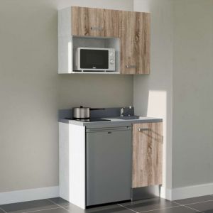 Kitchenette K00L - 100 cm - plan monobloc &eacute;vier int&eacute;gr&eacute; Cromo- &eacute;vier &agrave; droite - Fa&ccedil;ades Bois + Electrom&eacute;nager inclus coloris Inox