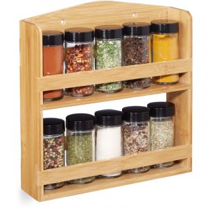 Tag&egrave;re &agrave; &eacute;pices bambou, 10 pots verre, Pr&eacute;sentoir &agrave; &eacute;pices, organiseur mural, rangement, nature - Relaxdays