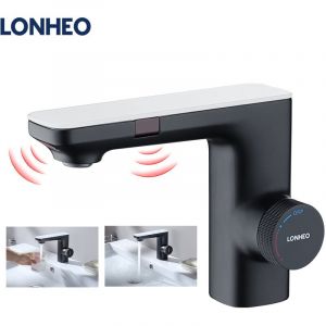 Robinet Infrarouge Automatique Noir Mitigeur Eau Froide et Chaude Robinet Lavabo à Double induction avec Barboteur démotable - Lonheo