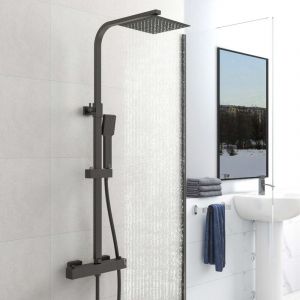 Aica Sanitaire - aica colonne de douche thermostatique noire, avec douche de t&ecirc;te carr&eacute;e + douchette carr&eacute;e r&eacute;glable en hauteur