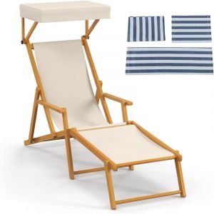 Costway &ndash; Transat pliant 4 positions en bois de bouleau &ndash; Canop&eacute;e r&eacute;glable &ndash; Dimensions 170 x 62 x 140 cm &ndash; Capacit&eacute; 100 kg &ndash; Pour plage et jardin