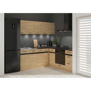 Cuisine d'angle compl&egrave;te 200x200 cm, Meubles de cuisine modulables coloris Ch&ecirc;ne bernstein, plan de travail Noir inclus