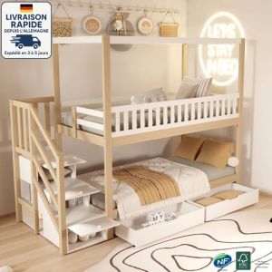 Lit superposé enfant 90x200 cm 2 places avec 2 tiroirs et 3 coffres de rangement, bois et mdf, blanc et naturel