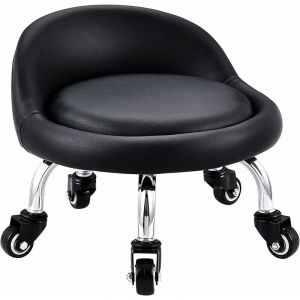 Tabouret Bas avec Roues, Mini Tabouret à roulettes Pied Bas, Dossier Simili Cuir Siège Faible Métal Piétement, 360° Banc Rond en Cuir avec 5 Roues