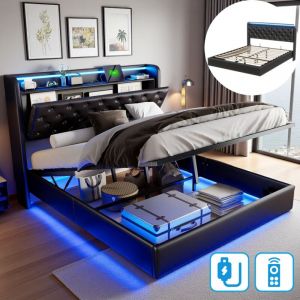 Dans Les Nuages &ndash; Lit coffre double 140x190 cm &ndash; Port USB int&eacute;gr&eacute; &ndash; Bande lumineuse LED &ndash; Sommier &agrave; lattes en bois &ndash; Rev&ecirc;tement simili cuir noir