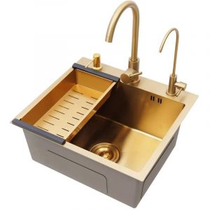 &Eacute;vier de cuisine 50 x 45 cm, avec robinets rotatifs &agrave; 360&deg;, cuve unique, en acier inoxydable, avec bonde &agrave; encastrer sous plan, Pour cuisines