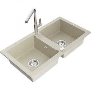 Mario évier en granit à 2 cuves avec robinet mélangeur Flora, Beige - 6504-69-670401-00 - Mexen