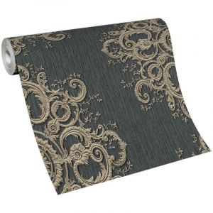 Bricoflor - Papier peint baroque anthracite & doré salon élégant | Tapisserie baroque élégante couloir | Papier peint intissé damassé couloir