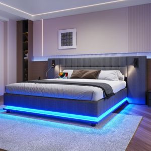 Lit double capitonn&eacute; avec t&ecirc;te de lit LED-USB-Sans matelas-180x200-Lin gris-250x203,5x103cm