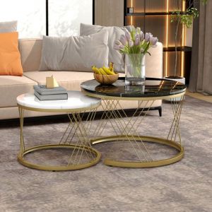 Table basse gigogne ronde, lot de 2, table basse gigogne blanche et noire, cadre en métal doré, placage de marbre