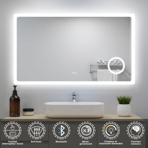 Acezanble - Miroir de Salle de Bain led avec Bluetooth 140 x 80cm, Miroir Lumineux avec 3 Couleurs + Anti-buée + grossissant 3x,Mural Miroir