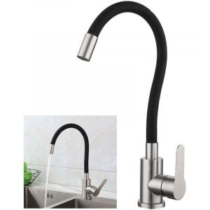 Robinet de Cuisine Flexible Bec Haut Orientable, Mitigeur &Eacute;vier Monotrou Eau Chaude et Froide, Acier Inox Bross&eacute; Noir