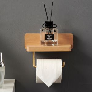 Devidoir Porte Papier Toilette Double Installation Bois Massif Hêtre Dérouleur Support Papier wc Mural Auto-adhésif Coins Arrondis Porte Rouleau de