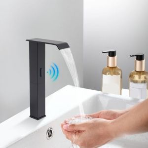 Gojoy - Robinet cascade avec capteur infrarouge &eacute;lev&eacute;, Robinet de salle de bain en laiton, robinet d'&eacute;vier automatique avec vanne de temp&eacute;rature