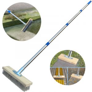 Balai en m&eacute;tal robuste &agrave; manche amovible (167 cm), brosse m&eacute;tallique rigide pour &eacute;liminer les mauvaises herbes, la mousse et les taches tenaces,