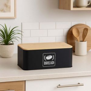 Bo&icirc;te &agrave; pain avec couvercle en bambou - Design r&eacute;tro, bo&icirc;tier en m&eacute;tal