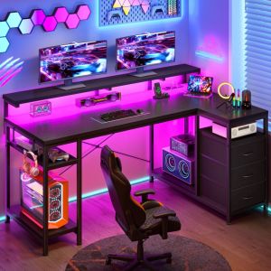 Klyvvo 140x80cm - 3 Tiroirs Bureau d'angle avec Rangement - Grand Bureau Gaming en L avec LED - Support d'&eacute;cran - Port de Chargement USB et Prise de