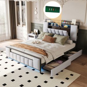 Lit adulte, lumi&egrave;re LED, prise USB, 4 tiroirs, rangement t&ecirc;te de lit, lit double 160x200 cm, simili cuir, beige, sans matelas