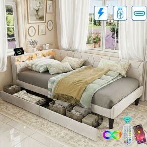 Lit double 90x200 cm avec 2 tiroirs, t&ecirc;te de lit LED avec rangements, chargement USB + Type-C, convertible en 2 formes, tissu velours - Beige