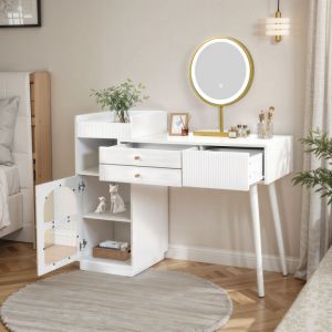 Coiffeuse avec miroir led 3 couleurs, coiffeuse en bois avec 3 tiroirs et meuble d'appoint, coiffeuse blanche, sans tabouret