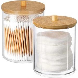 Lot de 2 porte-coton-tiges, distributeur de coton-tige, bo&icirc;te &agrave; coton-tige, bo&icirc;te de rangement pour coton-tige avec couvercle en bois
