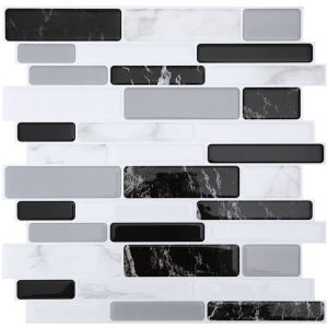 Jiubiaz Carrelage adh&eacute;sif mosa&iuml;que noir/gris 30&times;30 cm &ndash; Lot de 10 stickers muraux &eacute;tanches pour d&eacute;coration cuisine salle de bain