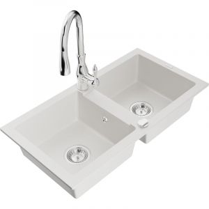 Mario &eacute;vier en granit &agrave; 2 cuves avec robinet m&eacute;langeur Savita, Blanc - 6504-20-672601-00 - Mexen