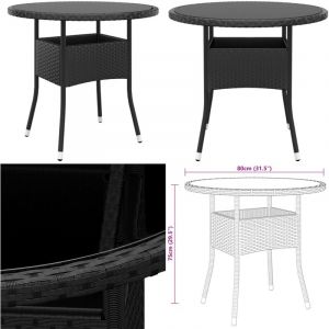 Table de jardin Ø80x75 cm Verre trempé/résine tressée Noir - Table De Jardin - Table Extérieure - Mobilier De Jardin - Table Ronde - Table En Résine