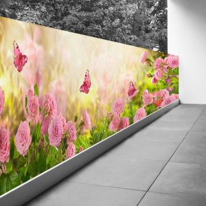 Lumaléa - Brise vue Trompe l'oeil - 130x390 cm - Fleurs papillons - Recto Imprimé / Verso BlancBâche Micro Perforée - 80% d'occultation