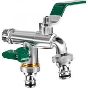 Double Robinet de Jardin, robinet exterieur en laiton, robinet avec double sortie 3/4" et Entr&eacute;e 1/2", robinet antigel avec double connecteur et
