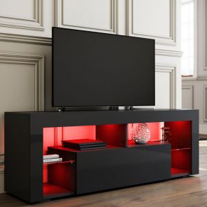 Sirhona - Meuble tv led Noir avec 2 Compartiments et 1 Portes Bois, Meuble Télé avec Rangement en Verre led éclairage rvb 16 Couleurs,140 cm