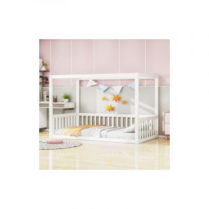 Okwish - Lit simple 90x200 cm, lit enfant avec baldaquin, en bois massif, blanc, sans mateals