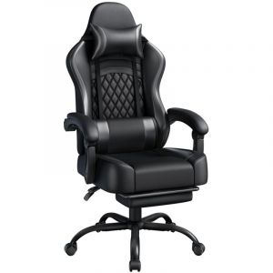 Yaheetech Fauteuil Gaming Pivotant Ergonomique, Chaise d'ordinateur Inclinable avec Coussin Lombaire, Massant T&ecirc;ti&egrave;re Amovible Repose-Pieds