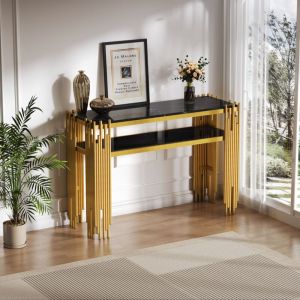 Table console, pieds dorés, placage marbre, 2 étagères, table d'appoint de salon,124×44×80cm, noir