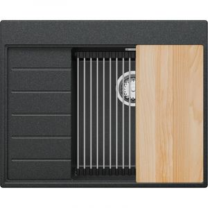 Primagran - Evier Cuisine en Granit 62x50cm, Lavabo 1 bac + Kit de Vidage + Accessoires, &Eacute;vier &agrave; Encastrer au meuble 45cm - Sydney, Graphite