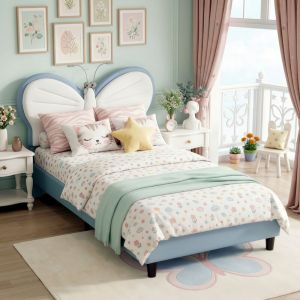 Lit Enfant Simple 90x190 cm - Lit Tapiss&eacute; avec Liseuse LED, T&ecirc;te de Lit R&eacute;glable Forme Papillon et Sommier &agrave; Lattes - Bleu