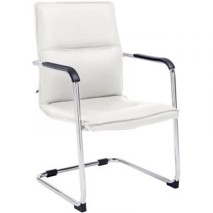 Chaise de bureau sans roulettes fauteuil visiteur avec accoudoirs en PVC blanc et m&eacute;tal 100001924