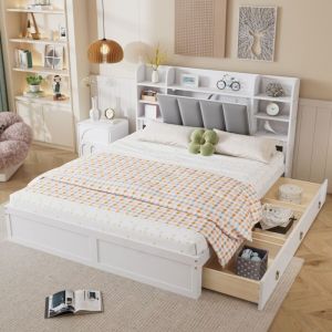 Lit double 160x200 pin, MDF et velours blanc-gris, 3 tiroirs, &eacute;tag&egrave;re, porte abattante et poign&eacute;es m&eacute;tal pour adulte/ado (sans Matelas)