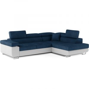 Les Tendances - Canapé d'angle convertible simili cuir et tissu marka - Coffre et appuis-tête réglables-Blanc/Bleu foncé-angle droit
