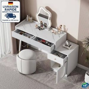 Coiffeuse blanche avec miroir LED, 3 modes d'éclairage, 3 tiroirs + 1 meuble de rangement, coiffeuse de chambre, tabouret non inclus