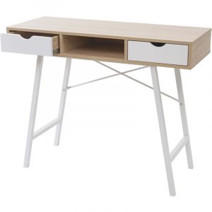 D&eacute;coshop26 - Table d'appoint bureau console avec tiroirs 100x40 cm blanc brun naturel design scandinave 040005053