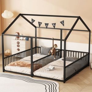 Lit enfant 90x200cm,, lit cabane, lit en m&eacute;tal, barri&egrave;re de s&eacute;curit&eacute;, matelas non inclus, lit double, fer, noir