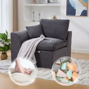 Canap&eacute; d&rsquo;angle modulaire 1 place - Dossier et housse amovibles - Style scandinave d&eacute;contract&eacute; - Velours c&ocirc;tel&eacute; - Gris