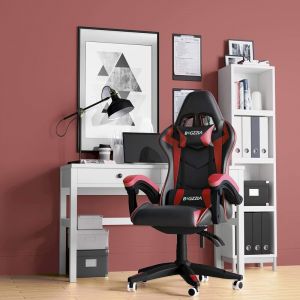 Bigzzia - Fauteuil gamer - Chaise Gaming - Siège de Bureau Réglable Pivotant Gaming Racing-avec coussin et dossier inclinable Noir et Rouge