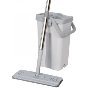 Balai microfibre et Seau Essoreur avec 6 serpillères Réutilisables Balai Plat Double compartiment blanc