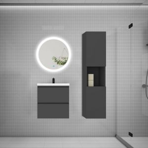 AICA Ensemble meuble vasque L.50cm 2 tiroirs + lavabo + LED miroir rond 60cm + colonne,anthracite，design