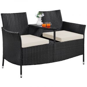 Salon de Jardin Banc Ext&eacute;rieur 2 Places en R&eacute;sine Tress&eacute;e Banquette Canap&eacute; avec Table Centrale en Verre Tremp&eacute; Coussins Amovibles Loveseat Patio