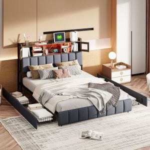 Sureh - Lit tiroir 160x200 cm, Lit double avec 4 tiroirs, Lit adulte avec led, Lit rembourré avec 2 ports de chargement USB,2 stations de chargement,