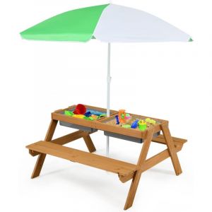 Ensemble Table et Chaises de Jardin 3 en 1 pour Enfants, Table Pique-Nique avec Parasol et 2 Plateaux, Table Basse et Bancs d'Ext&eacute;rieur pour Jardin,