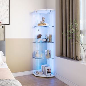 Vitrine en Verre,Vitrines d'angle en Verre avec LED,Hauteur de 162 cm Armoire de Collection en Verres &agrave; 4 Couches avec 1 Porte, vitrine tremp&eacute;